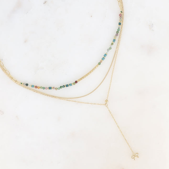 Collier multirangs - 3 rangs, gourmette, forçat Y, pierres naturelles et perle tube strié, pendentif noeud papillon