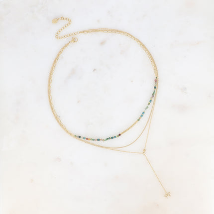 Collier multirangs - 3 rangs, gourmette, forçat Y, pierres naturelles et perle tube strié, pendentif noeud papillon