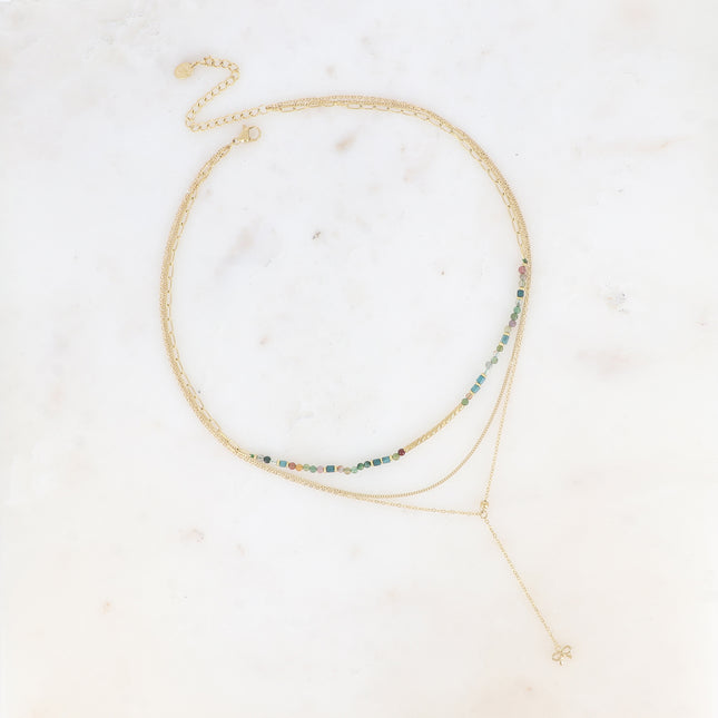 Collier multirangs - 3 rangs, gourmette, forçat Y, pierres naturelles et perle tube strié, pendentif noeud papillon