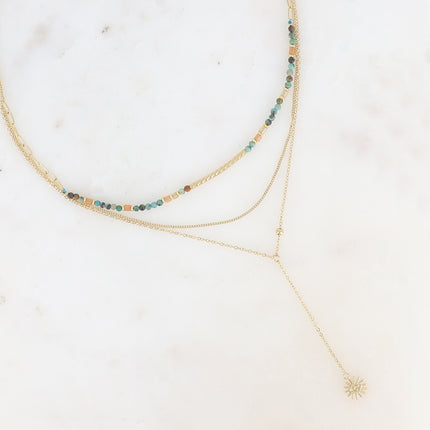 Collier multirangs Arthémice - 3 rangs, gourmette, forçat Y, pierres naturelles et perle tube strié, pendentif oeil ajouré