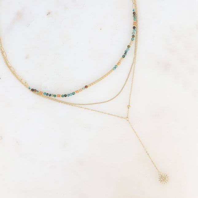 Arthémice multi-strand necklace - 3 strands, curb chain, Y-shaped chain, natural stones and striated tube bead, openwork eye pendant