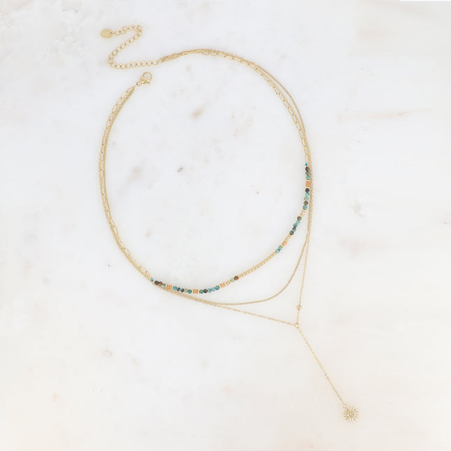 Arthémice multi-strand necklace - 3 strands, curb chain, Y-shaped chain, natural stones and striated tube bead, openwork eye pendant