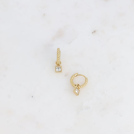 Hoop earrings - mini twisted ring and square crystal