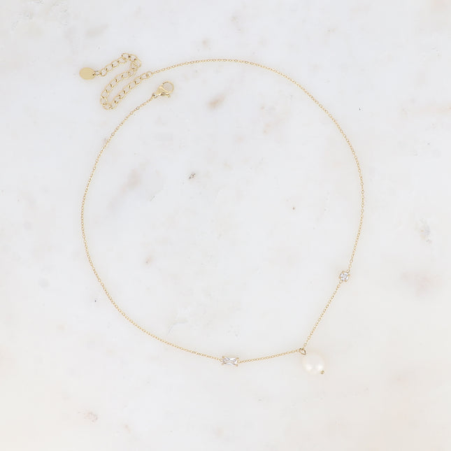 Collier - cristaux rond et rectangle, perle d'eau douce