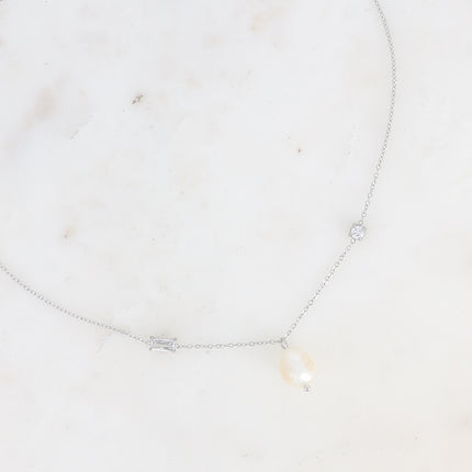 Collier - cristaux rond et rectangle, perle d'eau douce