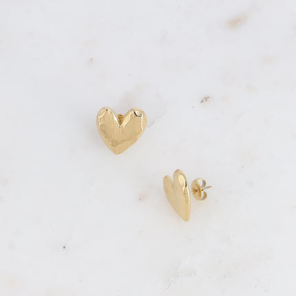 Stud earrings - hammered heart with brushed effect