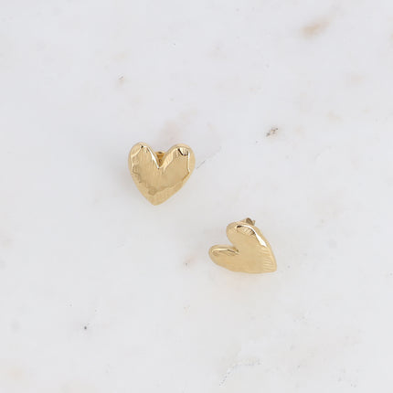 Stud earrings - hammered heart with brushed effect