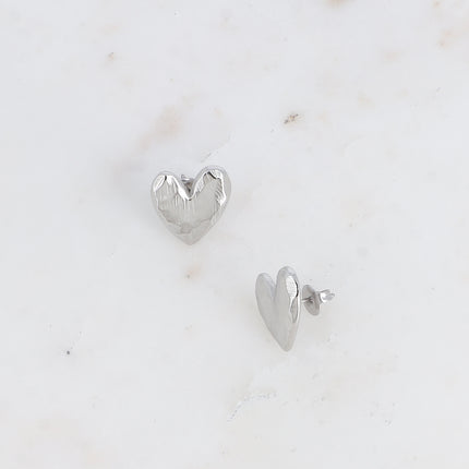 Stud earrings - hammered heart with brushed effect