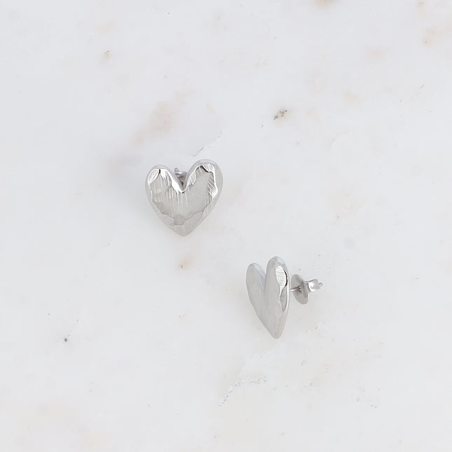 Stud earrings - hammered heart with brushed effect