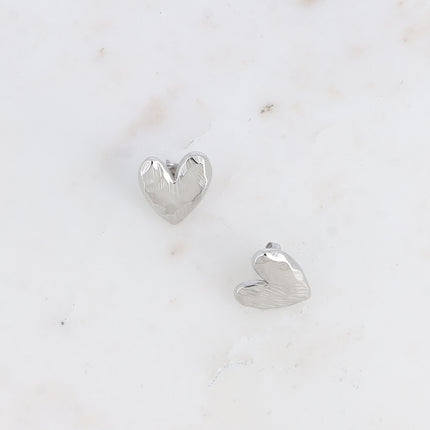 Stud earrings - hammered heart with brushed effect