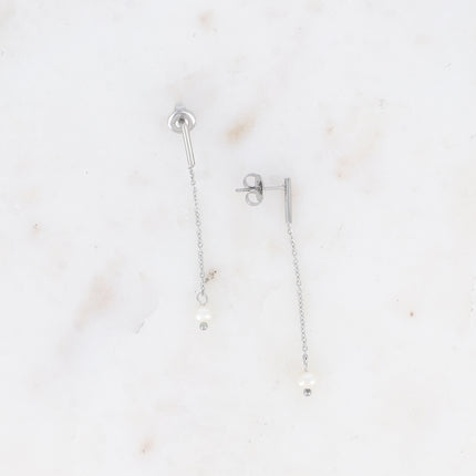 Dangle earrings - thin bar, dangling chain and freshwater pearl