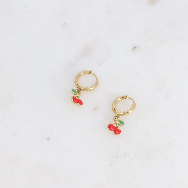 Creole earrings - mini hoop with enameled cherry