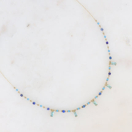 Collier - chaîne fine avec pâtes de verre et cristaux rectangulaires pendants
