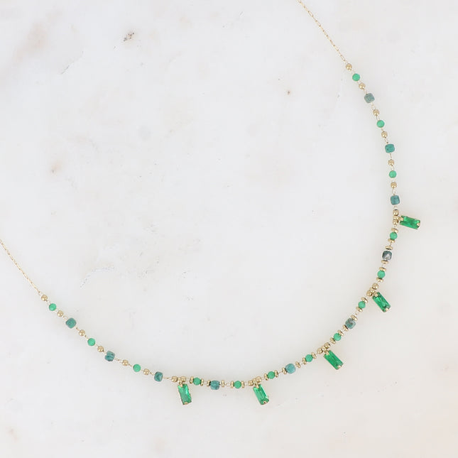 Collier - chaîne fine avec pâtes de verre et cristaux rectangulaires pendants