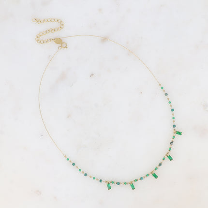 Collier - chaîne fine avec pâtes de verre et cristaux rectangulaires pendants