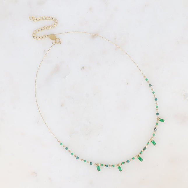 Collier - chaîne fine avec pâtes de verre et cristaux rectangulaires pendants