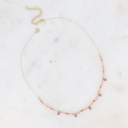 Collier - chaîne fine avec pâtes de verre et cristaux carrés pendants