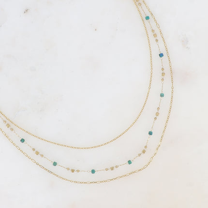 Collier 3 rangs - mailles forçat, alternée et fine avec perles et pierres naturelles cubiques