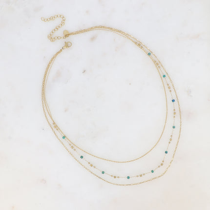Collier 3 rangs - mailles forçat, alternée et fine avec perles et pierres naturelles cubiques