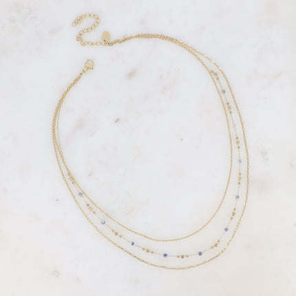 Collier 3 rangs - mailles forçat, alternée et fine avec perles et pierres naturelles cubiques