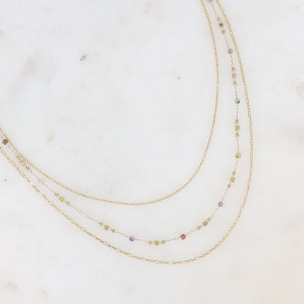 Collier 3 rangs - mailles forçat, alternée et fine avec perles et pierres naturelles cubiques