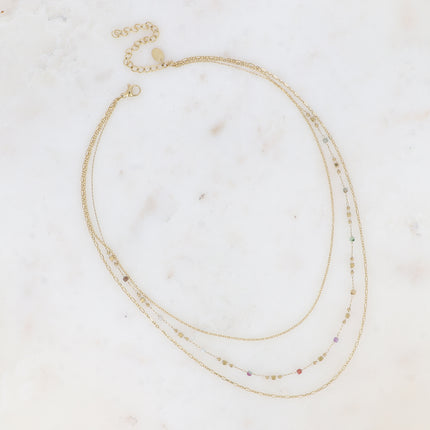 Collier 3 rangs - mailles forçat, alternée et fine avec perles et pierres naturelles cubiques