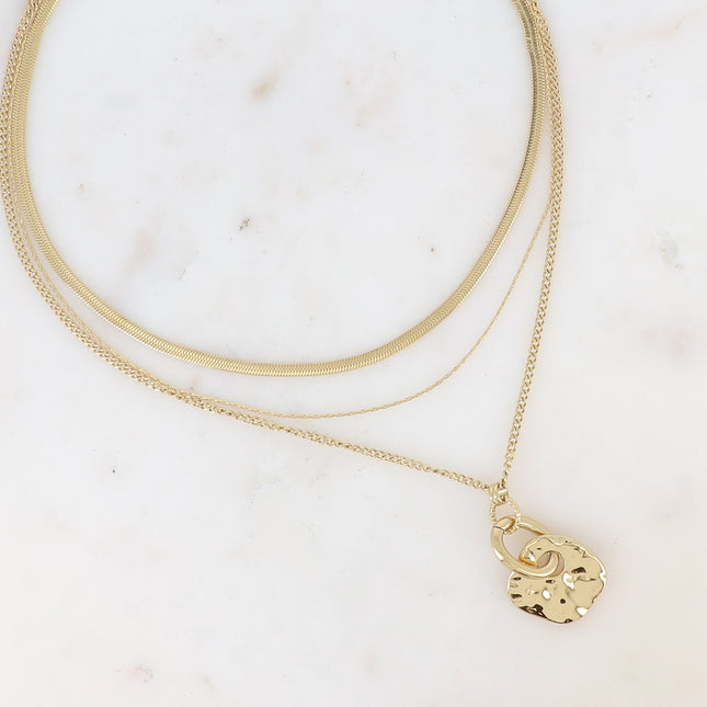 Edmée 3-strand necklace - mirror, paloma and curb chain links, hammered square pendant
