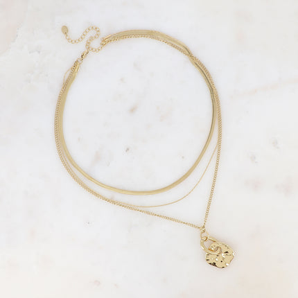 Collier 3 rangs Edmée - mailles miroir, paloma et gourmette, pendentif carré martelé
