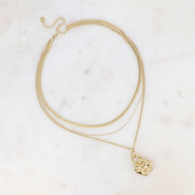 Edmée 3-strand necklace - mirror, paloma and curb chain links, hammered square pendant