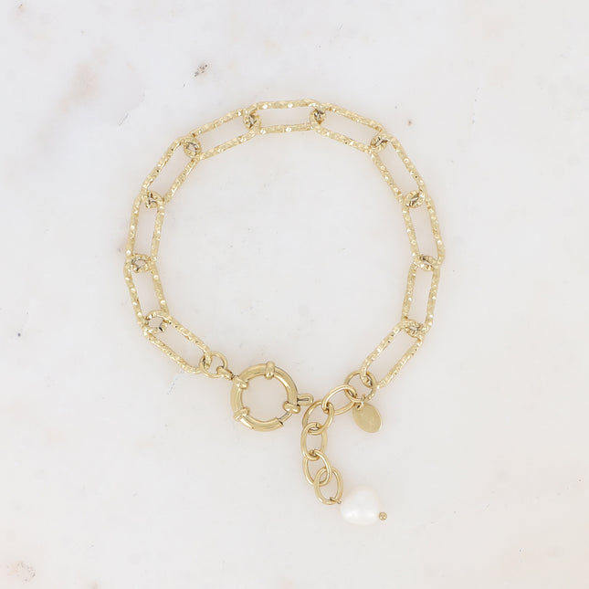 Bracelet - maille ovale diamantée et perle d'eau douce