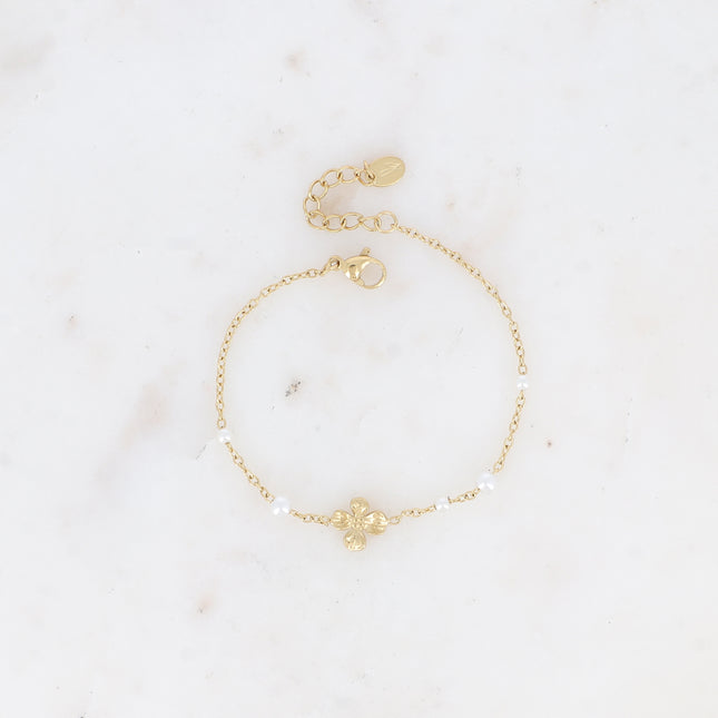Bracelet Fleurine - fleur texturée et perles de résine blanche