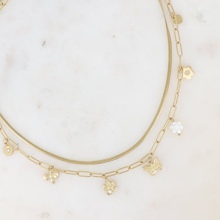 Collier 2 rangs - mailles miroir et ovale orné de 7 pampilles (fleurs, coeur, papillon et abeille)