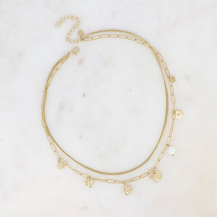 Collier 2 rangs - mailles miroir et ovale orné de 7 pampilles (fleurs, coeur, papillon et abeille)