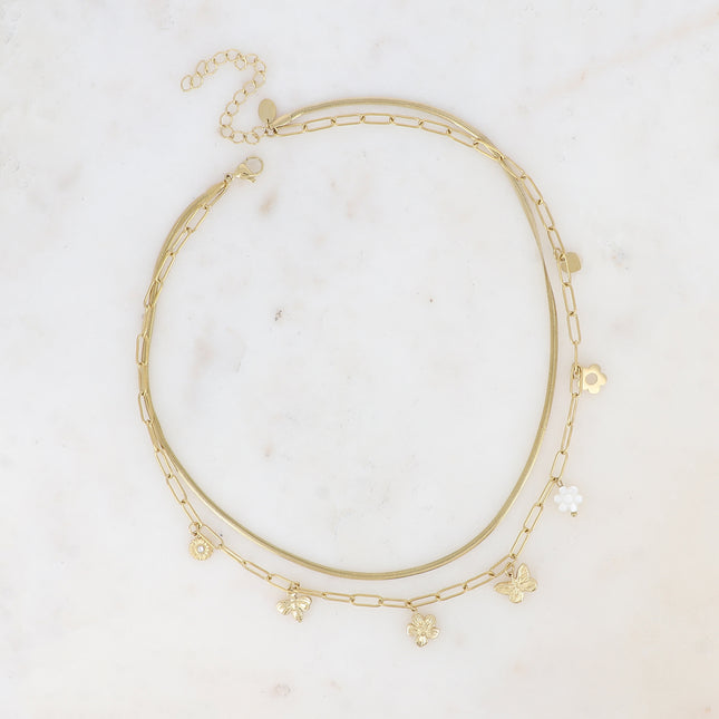 Two-strand necklace - mirror and oval links adorned with 7 tassels (flowers, heart, butterfly and bee)