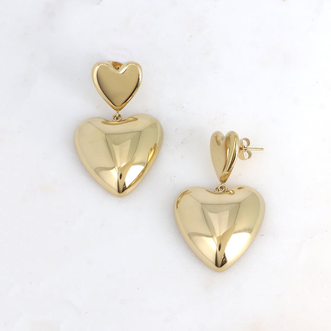Boucles pendantes - double coeur, un plat et un bombé