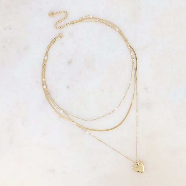 Three-strand necklace - enameled beads, natural stones, alternating mirror and curb links with a heart pendant