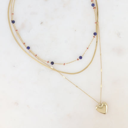 Collier 3 rangs - perles émaillées, pierres naturelles, mailles miroir et forçat alternée avec pendentif coeur