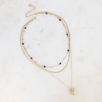 Collier 3 rangs - perles émaillées, pierres naturelles, mailles miroir et forçat alternée avec pendentif coeur