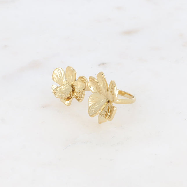 Bague ouverte Éliane - double fleur texturée