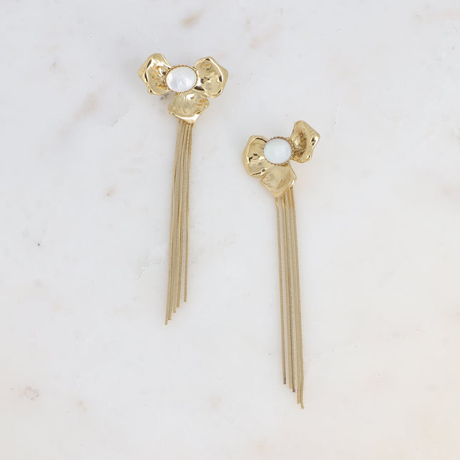 Dangle earrings - textured flower with natural stone and snake chain