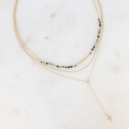 Collier 3 rangs - pierres naturelles avec tube strié, maille fine gourmette, forçat style Y avec croix