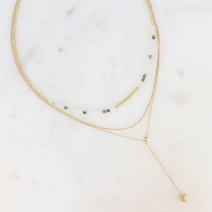 Collier 3 rangs Eugénie - pierres naturelles avec tube strié, maille fine gourmette, forçat style Y avec coeur