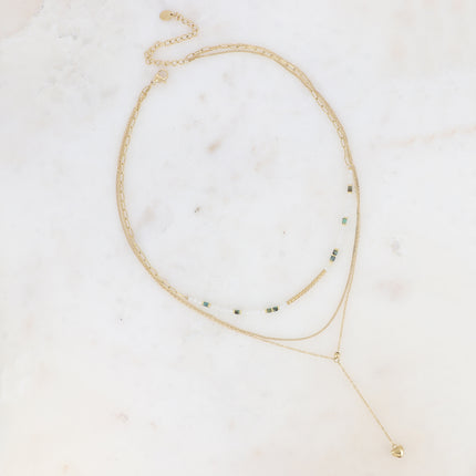 Collier 3 rangs Eugénie - pierres naturelles avec tube strié, maille fine gourmette, forçat style Y avec coeur