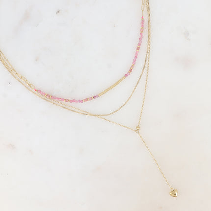 Collier 3 rangs Eugénie - pierres naturelles avec tube strié, maille fine gourmette, forçat style Y avec coeur
