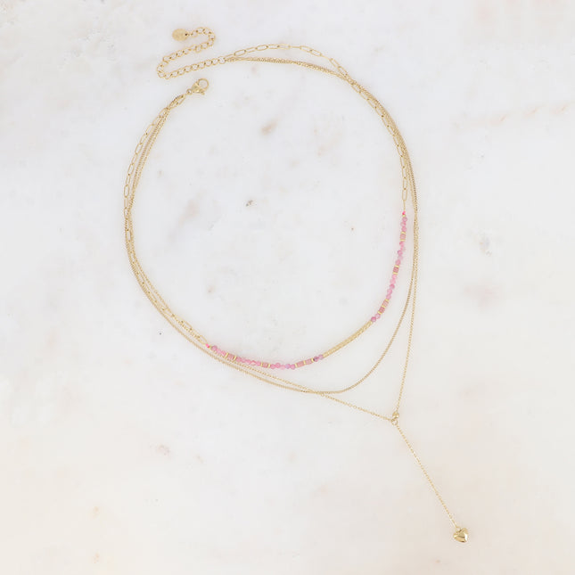 Eugénie 3-strand necklace - natural stones with grooved tube, fine curb chain, Y-style cable with heart