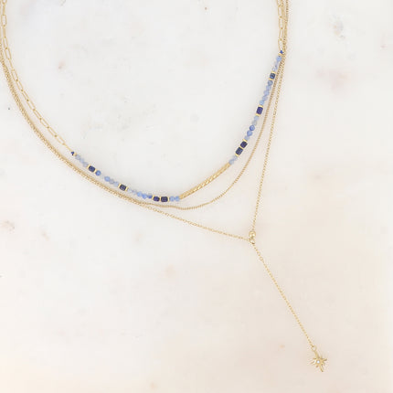 Collier 3 rangs - pierres naturelles avec tube strié, maille fine gourmette, forçat style Y avec étoile et oxydes de zirconium