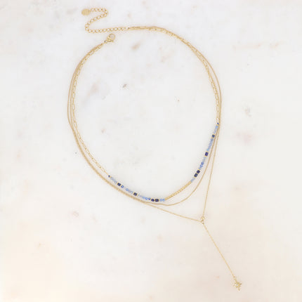 Collier 3 rangs - pierres naturelles avec tube strié, maille fine gourmette, forçat style Y avec étoile et oxydes de zirconium