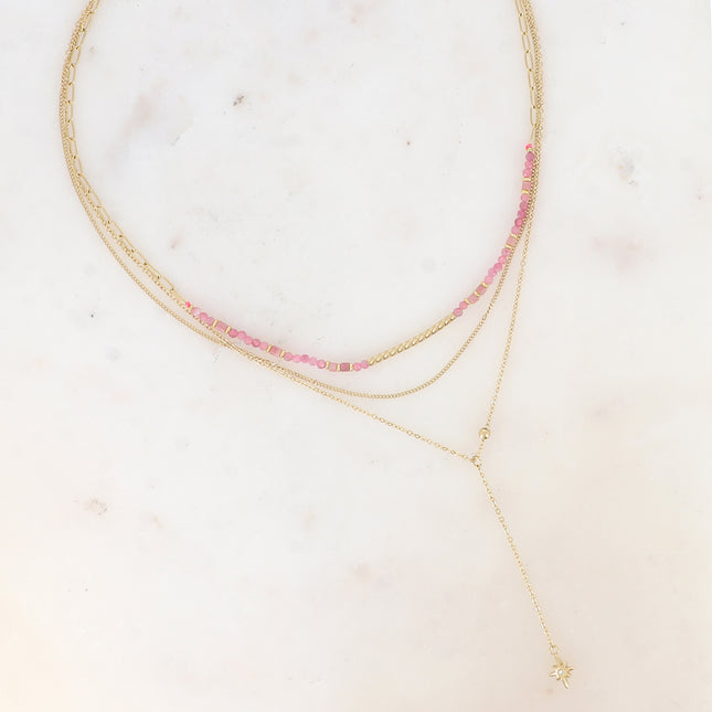 Three-strand necklace - natural stones with grooved tube, fine curb chain, Y-style cable with star and cubic zirconia