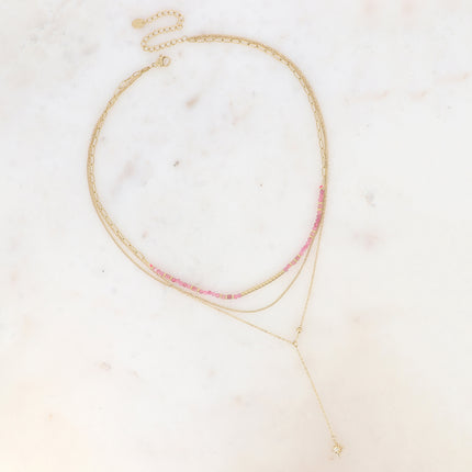 Collier 3 rangs - pierres naturelles avec tube strié, maille fine gourmette, forçat style Y avec étoile et oxydes de zirconium