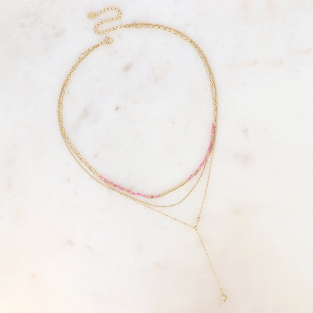 Three-strand necklace - natural stones with grooved tube, fine curb chain, Y-style cable with star and cubic zirconia